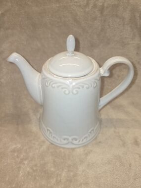 White Ceramic Teapot with Scroll Embossed Detail, Simple Dining